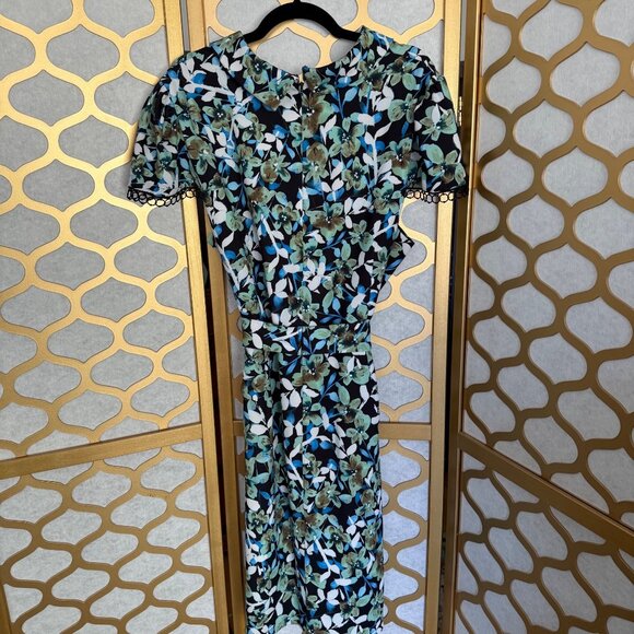 Badgley Mischka Size 22 Blue Green Floral Lace Trim Sleeve Collared Sheath Dress - Picture 6 of 16